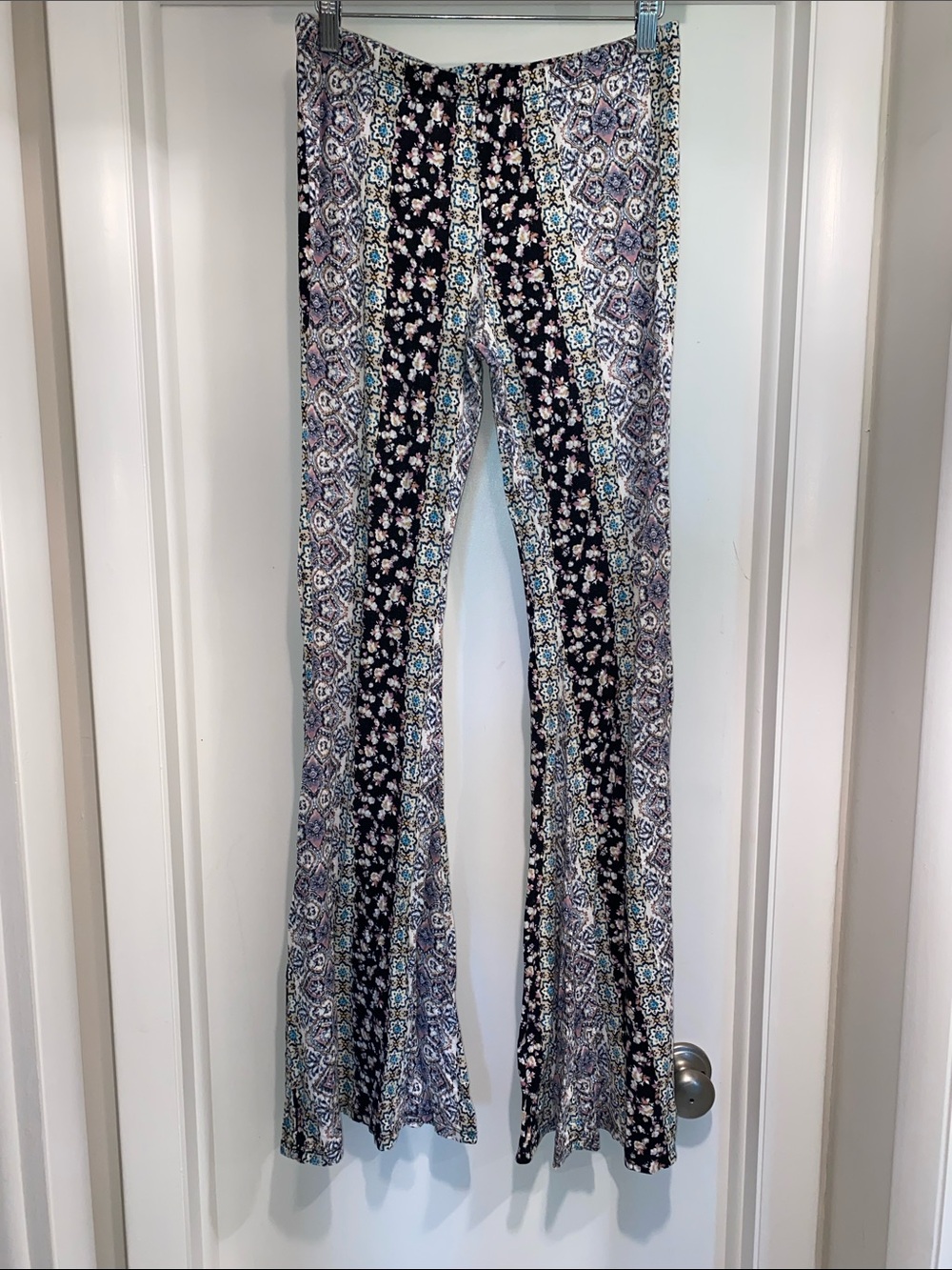 Triumph Boot-Cut Floral & Mosaic Print Pants in Black and Light Blue